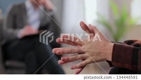 Man therapist, notes and patient in consultation for mental health, discussion and recovery support for anxiety. Therapy, psychologist and hands of person for counseling. Man therapist, notes and patient in consultation for mental health, discussion and recovery support for anxiety. Therapy, psychologist and hands of person for counseling. 134448591