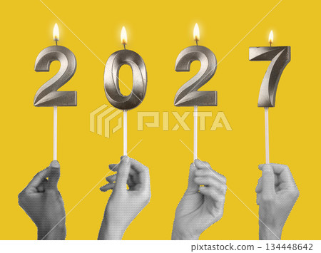 Peoples hands with glossy 2027 candle digits celebrating New Year, symbol of festive spirit, Peoples hands with glossy 2027 candle digits celebrating New Year, symbol of festive spirit, 134448642