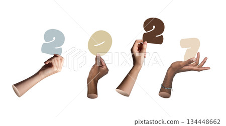 Diverse group of hands lifting 2027 New Year numbers, isolated on white background. Diverse group of hands lifting 2027 New Year numbers, isolated on white background. 134448662