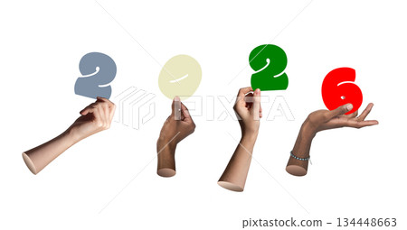 Diverse hands holding colorful 2026 numbers celebrating New Year, isolated on white background. Diverse hands holding colorful 2026 numbers celebrating New Year, isolated on white background. 134448663