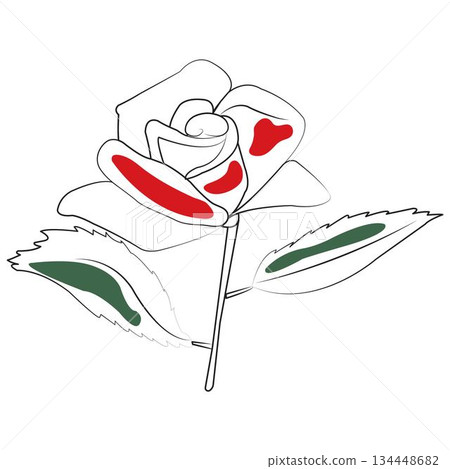 Outline drawing of a rose flower in minimalist style with color spots 134448682