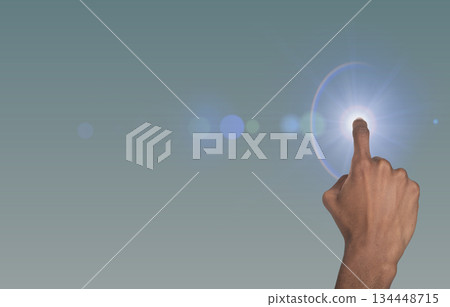 Finger pressing virtual button. Hand of man in futuristic digital space with teal glow, security Finger pressing virtual button. Hand of man in futuristic digital space with teal glow, security 134448715