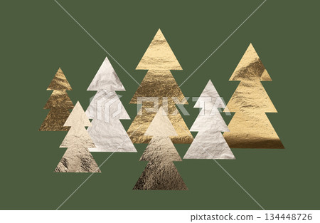 Gold and silver trees with metallic texture, shining reflective surface, christmas forest pattern 134448726