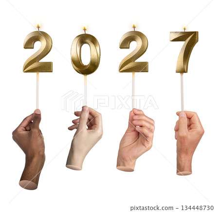 Hands holding shiny 2027 number candles expressing holiday mood, New Year celebration and excitement 134448730