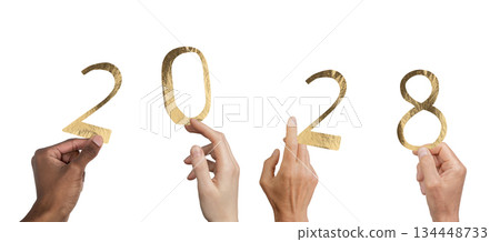 Hands lifting glossy gold 2028 digits symbolizing New Year party and celebration, isolated on white 134448733
