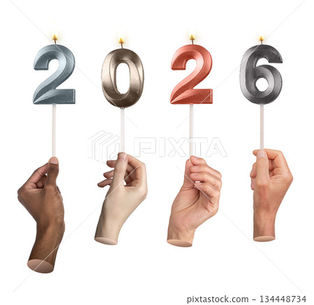 Hands lifting glowing 2026 candle numbers, symbol of celebration, happiness, and welcoming the New 134448734