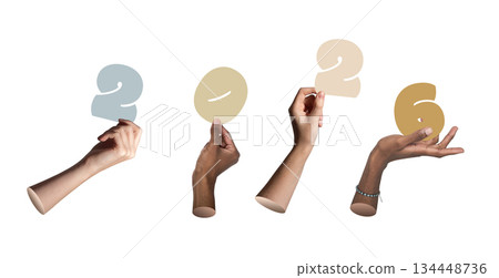 Hands of different nationalities holding pastel 2026 numbers symbolizing celebration, isolated on 134448736