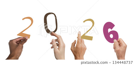 Hands of diverse people holding bright painted 2026 numbers for Happy New Year, isolated on white 134448737