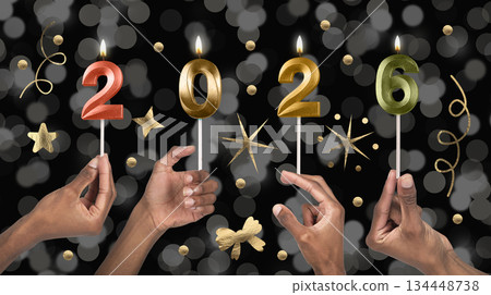Hands presenting glossy 2026 candle numbers, symbol of festive season, celebration, countdown to New 134448738