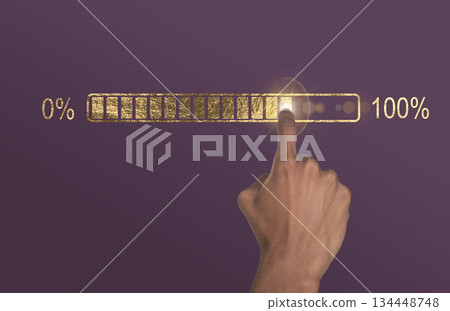Loading bar completion. Golden digital screen with hand of African American man pointing from 0 to 134448748
