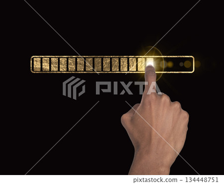 Loading bar concept. Golden metallic interface with hand of African American man touching screen, 134448751