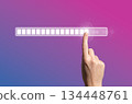 Loading bar progress. Female hand touching digital screen, symbol of AI innovation, download process 134448761