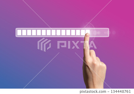Loading bar progress. Female hand touching digital screen, symbol of AI innovation, download process 134448761