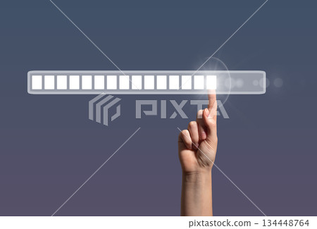Loading bar symbol. Female hand pointing at digital screen, representing innovation, data upload, Loading bar symbol. Female hand pointing at digital screen, representing innovation, data upload, 134448764