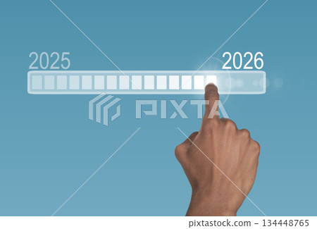 Loading bar transition. Hand of African American man pointing toward 2026 goal, symbol of new year Loading bar transition. Hand of African American man pointing toward 2026 goal, symbol of new year 134448765