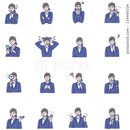 Facial expression set of a woman in a suit 134449104