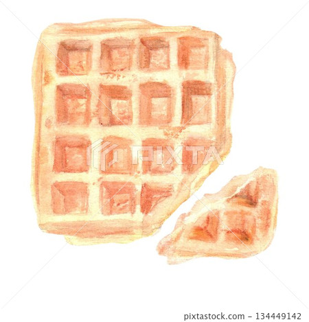 Isolate realistic delicious aromatic Belgian waffle hand drawn in watercolor on isolated background for menu design and advertising in bakery, pastry shop, store, wrapping paper, fabric, stickers. 134449142