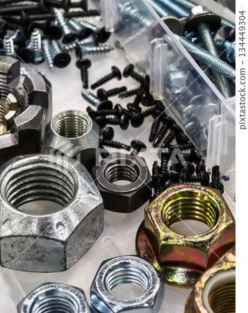 Various metal nuts and screws organized in a container with some lying on a surface 134449304