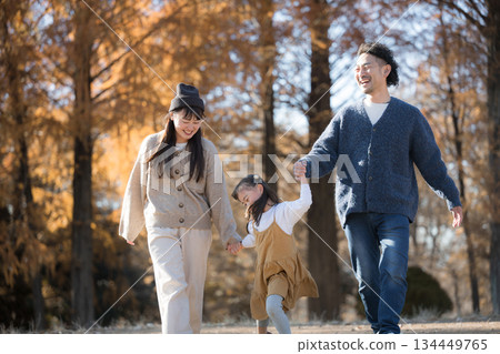 Family playing in the autumn park. Holding hands, image of outing and leisure 134449765