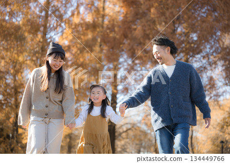 Family playing in the autumn park. Holding hands, image of outing and leisure 134449766