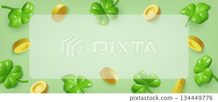 Clover and coins light green background in cute 3d realistic style with glass screen for text Clover and coins light green background in cute 3d realistic style with glass screen for text 134449776