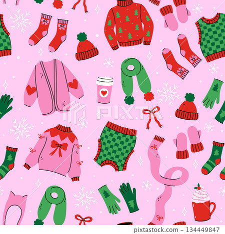 Seamless pattern with cute winter clothes and accessories. Vector graphics. 134449847