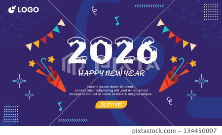 Happy New Year 2026 Celebration Banner Background with Winter Snow.Vector Illustration Happy New Year 2026 Celebration Banner Background with Winter Snow.Vector Illustration 134450007