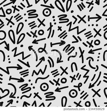 Seamless Pattern Memphis Arrow Zigzag Doodle Hand Drawn Style. Vector Illustration Seamless Pattern Memphis Arrow Zigzag Doodle Hand Drawn Style. Vector Illustration 134450029