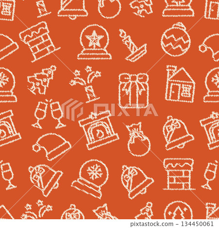 Seamless Pattern Christmas Grunge Scribble Icons Orange Background.Vector Illustration 134450061