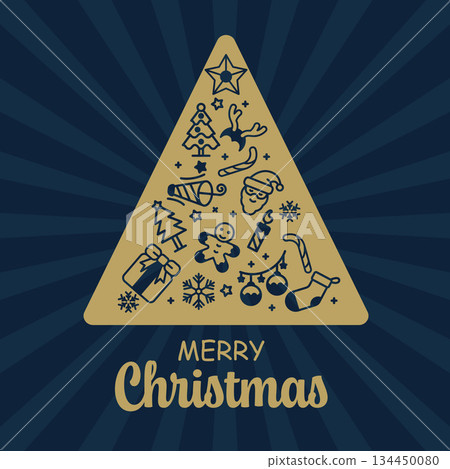 Merry Christmas Greeting Card Triangle Shape Christmas Tree Icon Gold Brown Elements Dark Background. 134450080