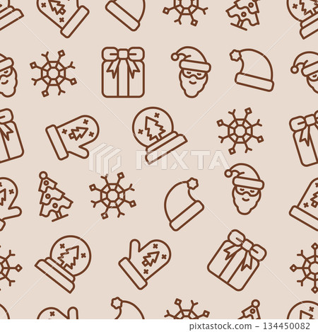 Seamless vector pattern featuring repeating outline icons of classic Christmas elements in a warm brown color on a pale beige background. Seamless vector pattern featuring repeating outline icons of classic Christmas elements in a warm brown color on a pale beige background. 134450082