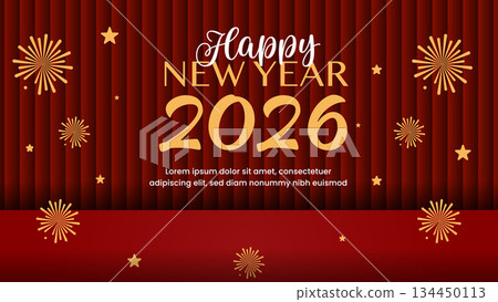 Happy New Year 2026 Christmas Banner Greetings Podium Curtains Red Background Fireworks Decoration.Vector Design 134450113