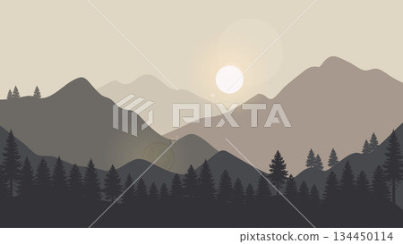 Landscape Mountains Illustration Gray and Silhouette Pine Tree on Evening.Vector Scenery Landscape Mountains Illustration Gray and Silhouette Pine Tree on Evening.Vector Scenery 134450114