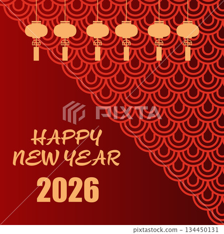 Happy New Year 2026 Greeting Card Chinese Pattern and Lantern Social Media Post Template. 134450131