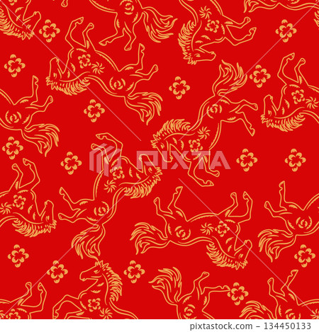 Seamless Pattern Chinese Horse Ornament Design Red and Gold Background.Vector Illustration Seamless Pattern Chinese Horse Ornament Design Red and Gold Background.Vector Illustration 134450133