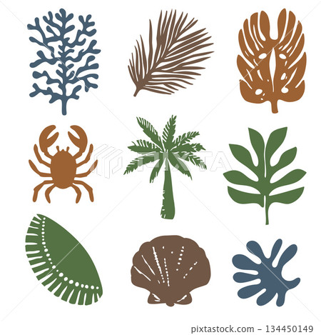 Hand Drawn Silhouette Tropical Sea Nature Element Collection.Vector Illustration Hand Drawn Silhouette Tropical Sea Nature Element Collection.Vector Illustration 134450149