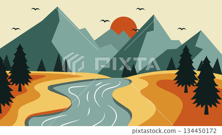 Nature Landscape Cartoon Illustration with Mountains River and Trees.Vector Illustration Nature Landscape Cartoon Illustration with Mountains River and Trees.Vector Illustration 134450172