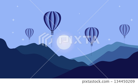 Landscape with Mountains and Hot Air Balloons Blue Background Illustration Night Scene.Vector Art Landscape with Mountains and Hot Air Balloons Blue Background Illustration Night Scene.Vector Art 134450209
