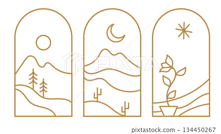 Mountain Hill Landscape Bohemian Line Illustration Logo Art Icons Sun Moon Tropical Plant Arch Window Design.Vector Set Mountain Hill Landscape Bohemian Line Illustration Logo Art Icons Sun Moon Tropical Plant Arch Window Design.Vector Set 134450267