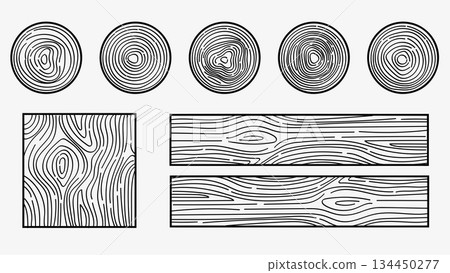 Wooden Texture Hand Drawn Wood Tree Rings Graphics Outline Circle and Square Set.Vector Elements 134450277
