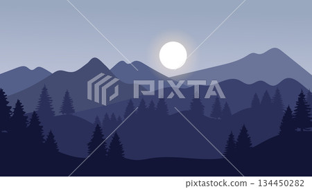 Blue Landscape Mountains Background with Silhouette Pine Trees Layered Night Scenery.Vector Design 134450282