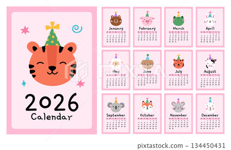 Cute children's calendar for 2026 Cute children's calendar for 2026 134450431