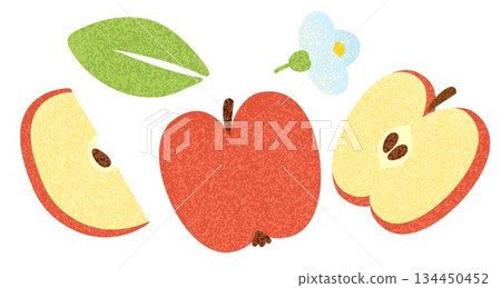Red apple noisy grainy textured flat vector illustration elements set with slices flower and leaf Red apple noisy grainy textured flat vector illustration elements set with slices flower and leaf 134450452