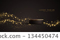 Black Gold cylinder podium. Golden Luxury Podium in the Dark Room for mockup products, promotion display. Black Studio Scene Background. Vector illustration 134450474