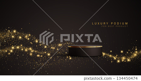 Black Gold cylinder podium. Golden Luxury Podium in the Dark Room for mockup products, promotion display. Black Studio Scene Background. Vector illustration 134450474
