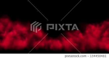 Vector Realistic Red Cloud, Smoke or Fog. Fluffy Cloudscape. Color Overlay Transparent Cloud. 134450481