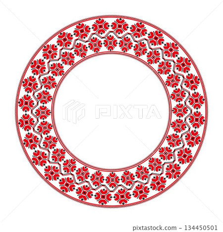 Round frame with arabesques and floral pattern in slavic ethnic style. Traditional folk embroidery round frame. Ukrainian, Belarusian, Bulgarian, Slavic embroidery. Folklore. Cross stitch patterns 134450501