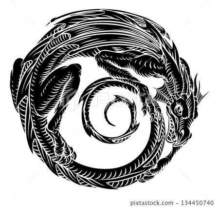 Dragon Circle Vintage Woodcut Myth Fantasy Design Dragon Circle Vintage Woodcut Myth Fantasy Design 134450740