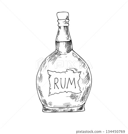 Vector Bottle of rum. Hand painted linear alcohol drink illustration. Graphic monochrome sketch isolated on background. For designers, prints, logo, icon, menu, postcards, holiday, covers Vector Bottle of rum. Hand painted linear alcohol drink illustration. Graphic monochrome sketch isolated on background. For designers, prints, logo, icon, menu, postcards, holiday, covers 134450769