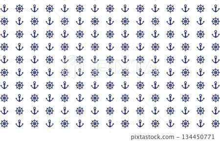 藍色壁紙上印有排列整齊的錨和舵的輪廓 134450771